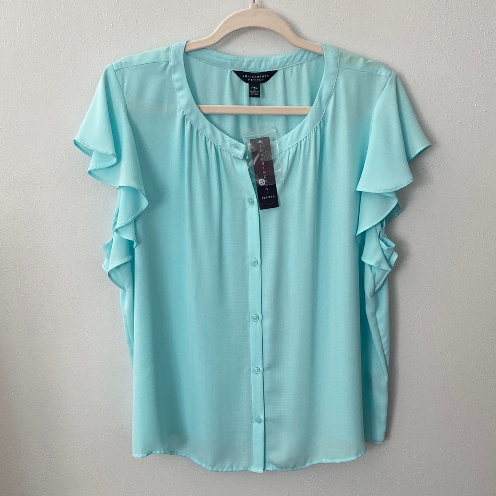 Investments Aqua Button-Down Blouse with Ruffle Sleeves